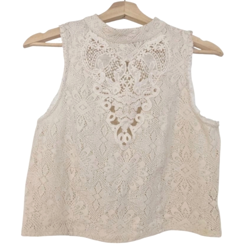 Free People Cream Lace Mock Neck Crop Top Size Large